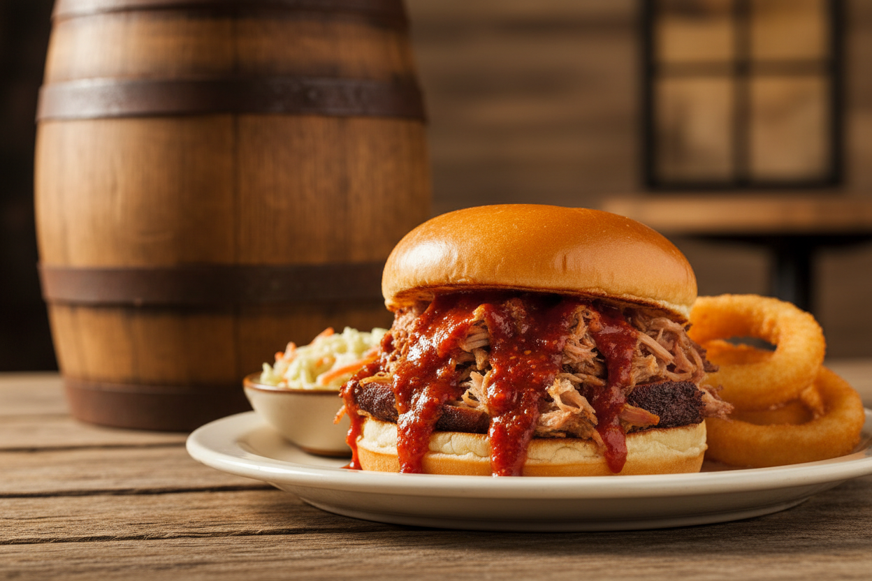 Southern pulled pork sandwich with thick chunky barrel-aged hot sauce and barrel in background
