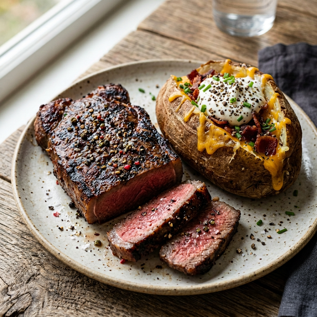 Steak and loaded baked potato with visible cracked pepper on both