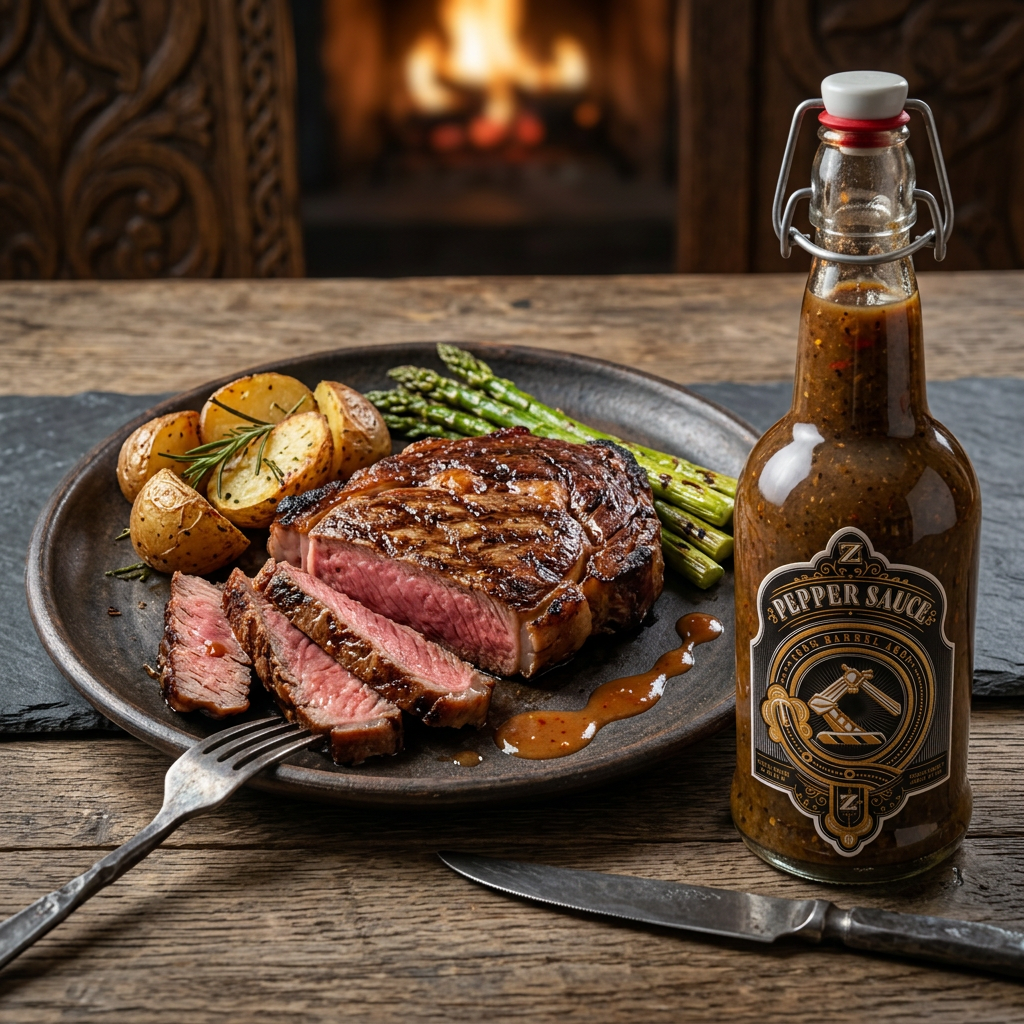 Steak feast with Viking Blood roasted hot sauce